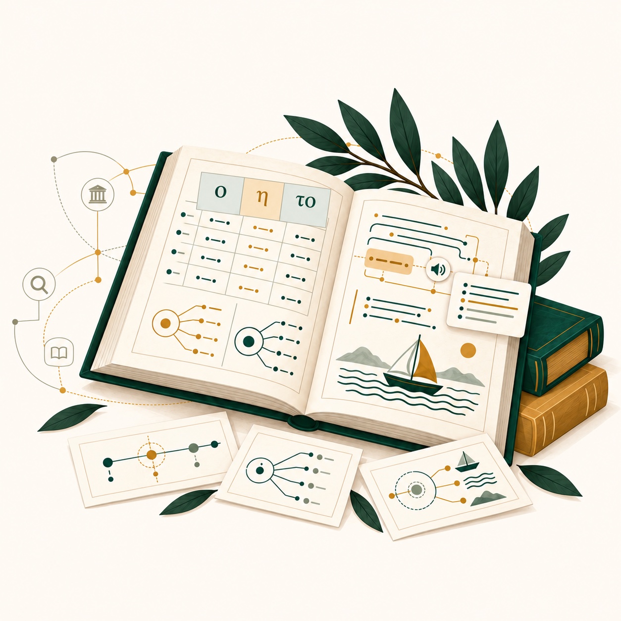 An illustrated open Greek textbook with learning cards and books